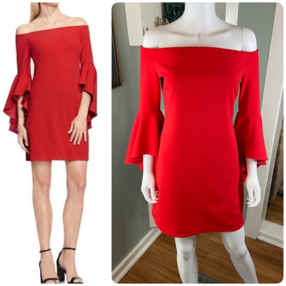 Vince Camuto Red Off-Shoulder Mini Dress Flared Bell Statement Sleeves Sheath